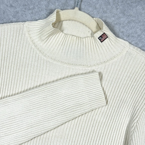 Vintage Ralph Lauren Polo Jeans Co Top Women Large Crop Ribbed Sweater Flag Logo - Picture 1 of 10